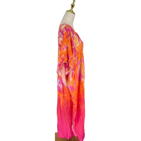 Tommy Bahama Tidal Tie Dye V-Neck Long Caftan L XL Pink Cover Up Tassel Beach - Picture 10 of 14